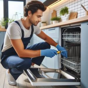 Technician repairs dishwasher